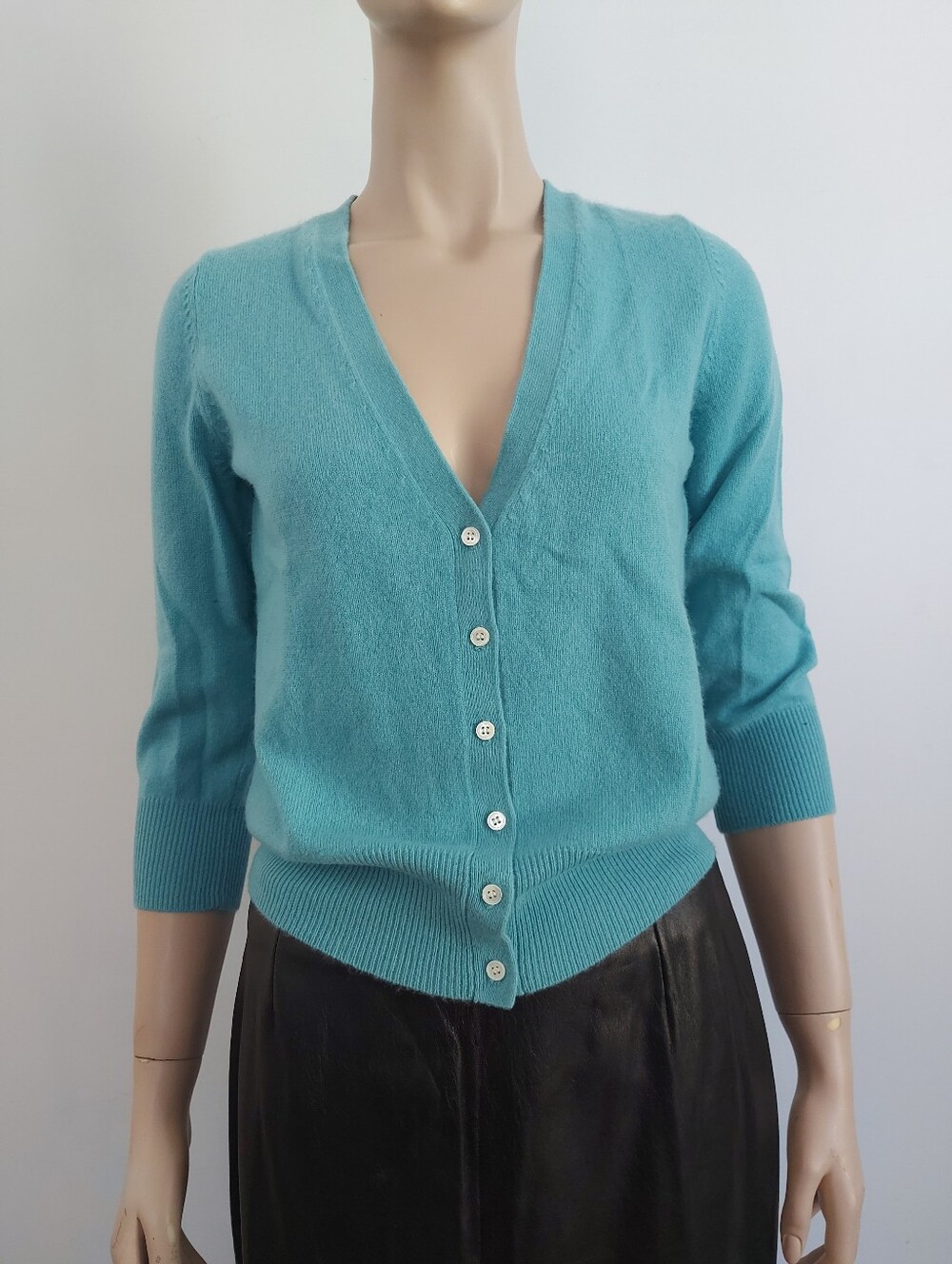 Turquoise Cashmere Cardigan 3/4 Sleeves Lightweight - Picture 2 of 2